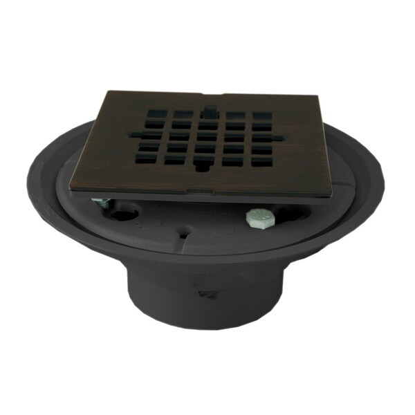 Jones Stephens 2in. x 3in. PVC Shower Drain with 2in. PVC Spud and 4in. Square Old World Bronze Snap-In Strainer D5088WB - main